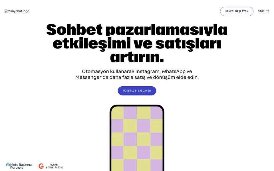 ManyChat Türkiye web sitesi ekran görüntüsü