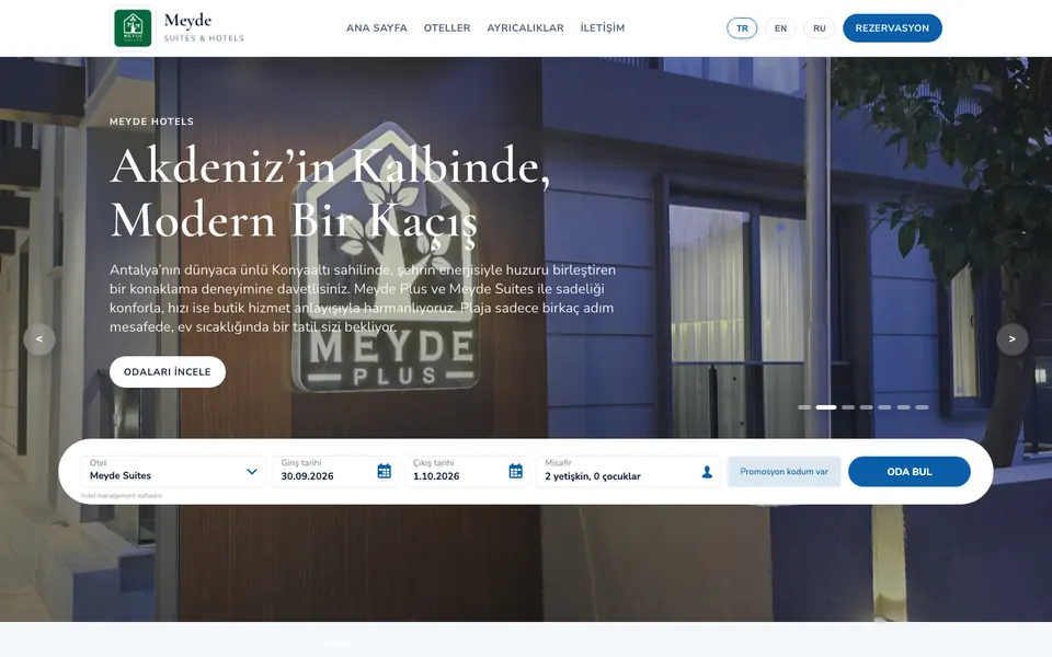 Meyde Suites & Hotels web sitesi ekran görüntüsü